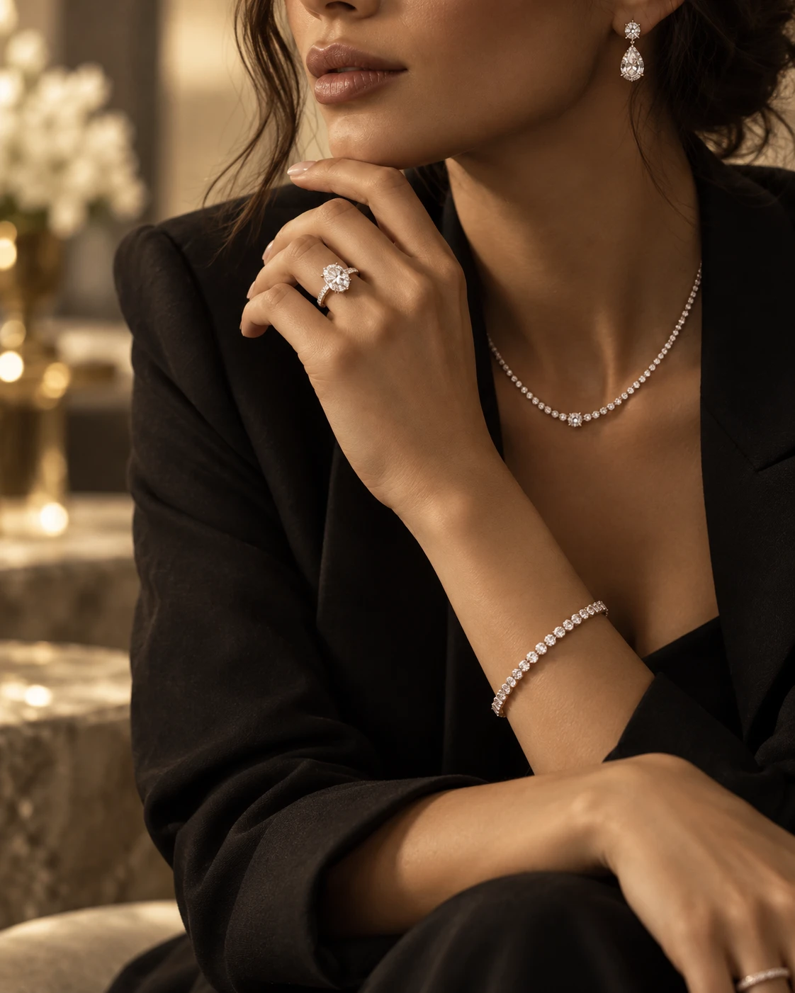A woman wearing an oval diamond engagement ring, diamond tennis necklace, tennis bracelet and pear drop earrings