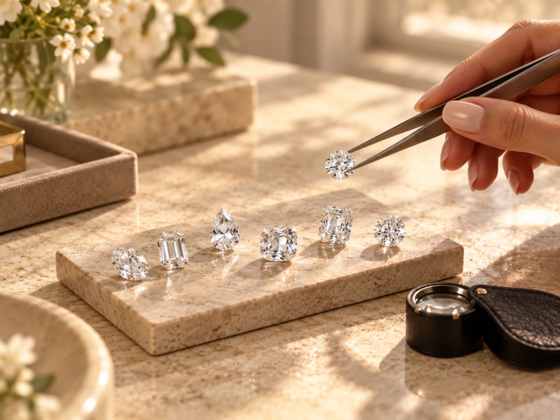 Loose diamonds in several shapes on a marble block, one lifted with tweezers beside a jeweler’s loupe