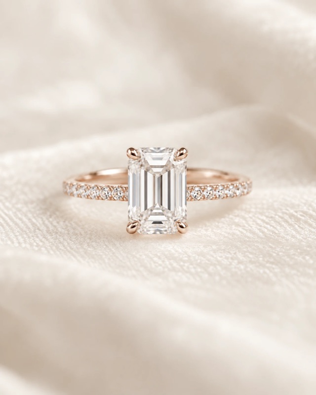An emerald-cut diamond engagement ring with a pavé band in rose gold