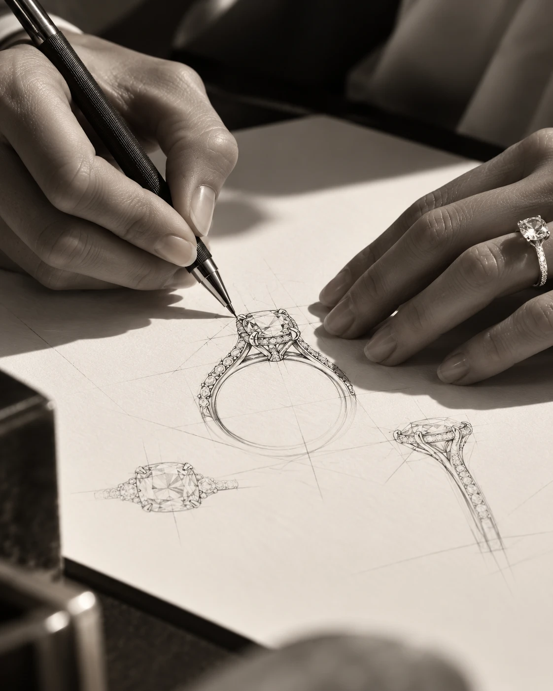 A designer hand-sketching original engagement ring designs in pencil